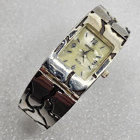 Geneva Elite Textured Art Deco Silver Cuff filigree Mother of Pearl MOP Watch - Picture 1 of 7